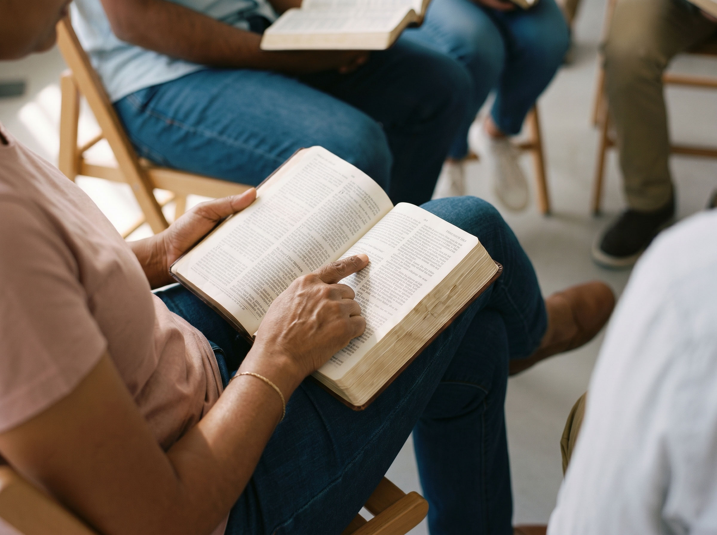 Volunteers and people of different nationalities in warm fellowship inside small clean white community room, wooden cross visible, green plants, modern foldable chairs