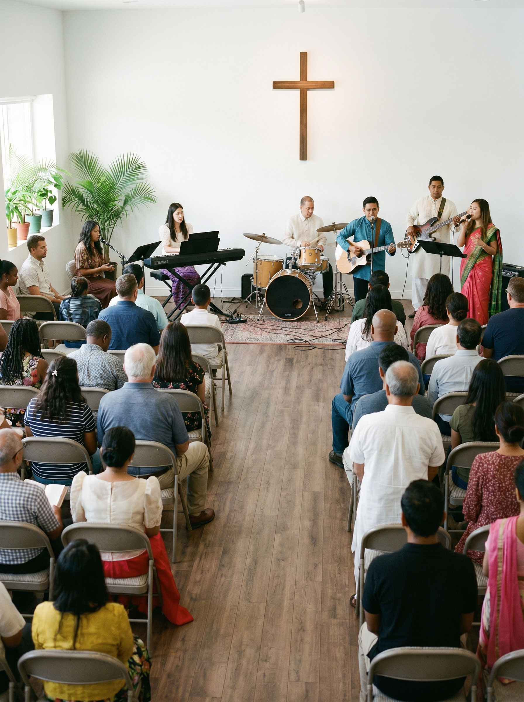 Wide shot of joyful multicultural church family gathered in bright white community room, simple wooden cross on wall, people greeting and smiling after service