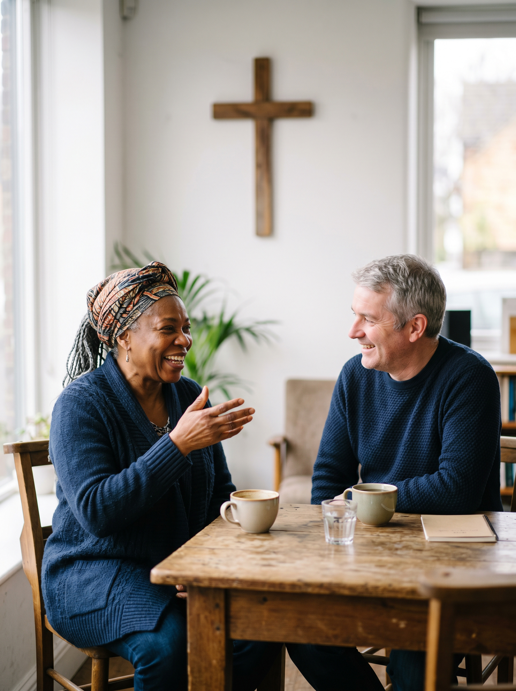 Two people from different backgrounds sharing a warm conversation, clean white wall and wooden cross softly blurred behind them