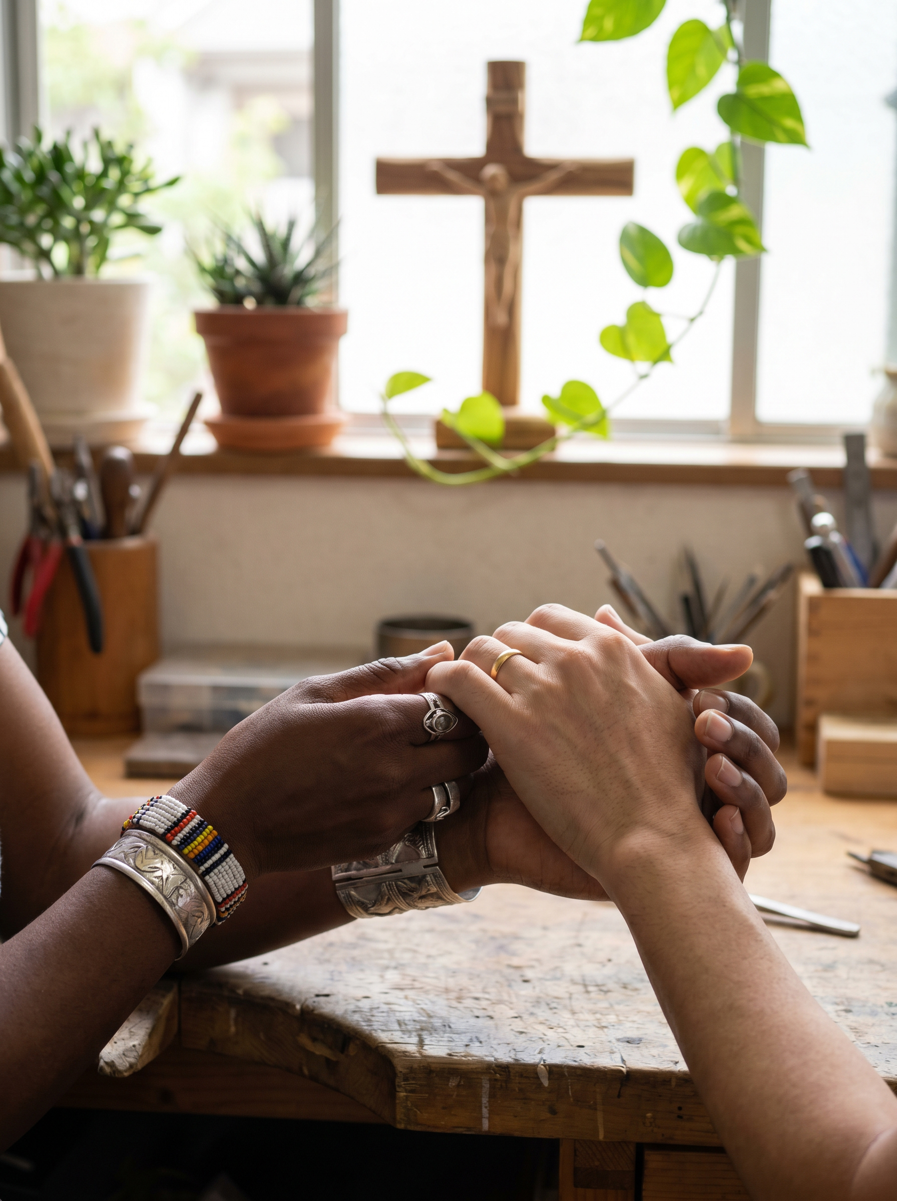 Close up of diverse hands warmly greeting each other, wooden cross and green plant softly blurred in background