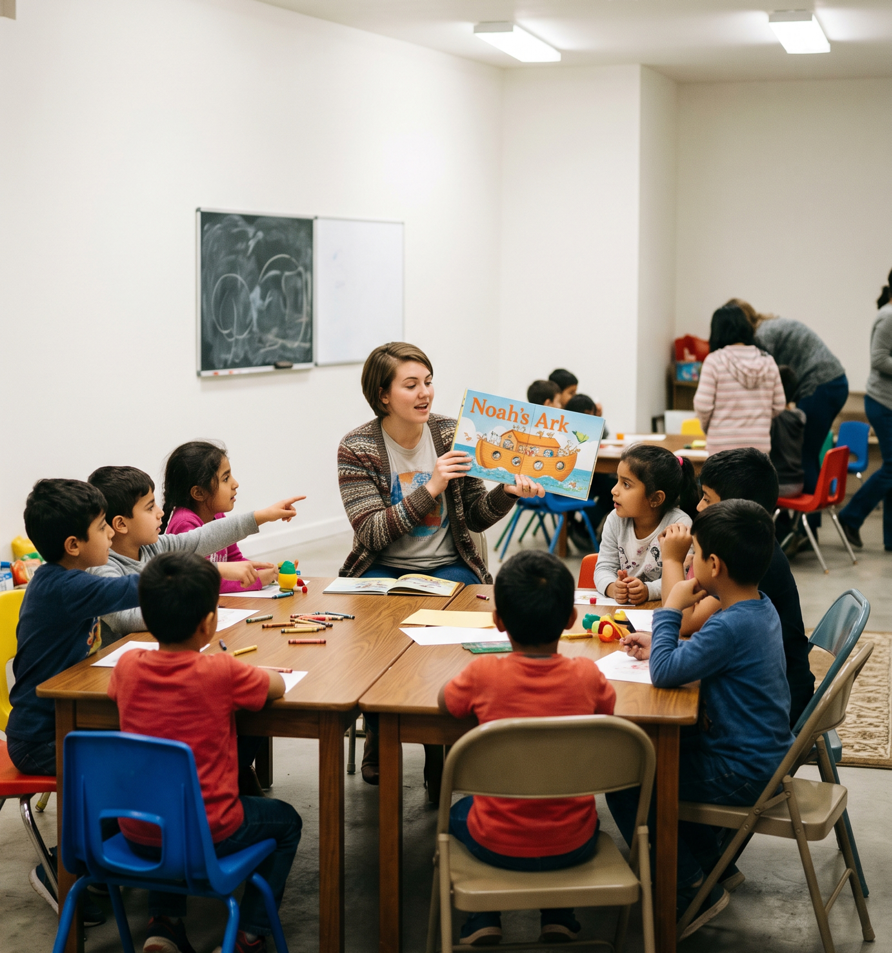 Children and teenagers of different ethnicities sitting in a circle on modern foldable chairs inside a clean white-walled room with a wooden cross on the wall, green indoor plants, joyful learning moment, soft natural light